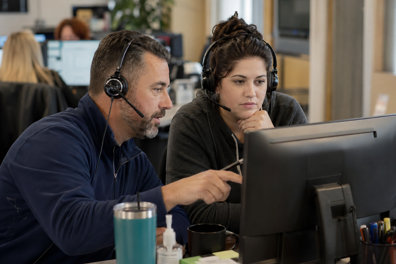 Supervisor and agent reviewing call notes together